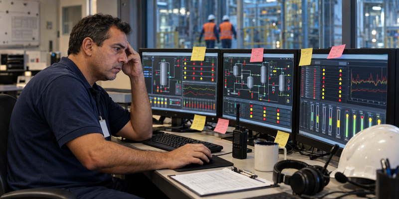 Operador em sala de controle diante de painel com múltiplos alertas e notas adesivas coladas no monitor, representando sobrecarga cognitiva no trabalho
