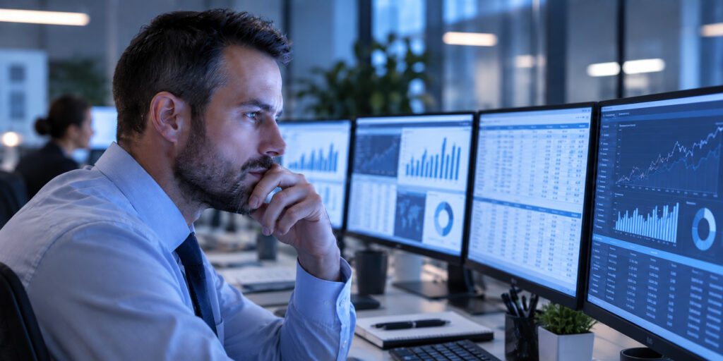 Operador concentrado diante de um painel de controle, representando a carga mental e a atenção exigidas no trabalho — ergonomia cognitiva