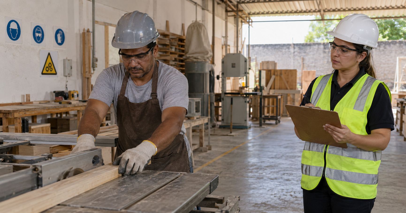 Operário e técnico de segurança em pequena indústria com sinalização — tipos de acidente de trabalho