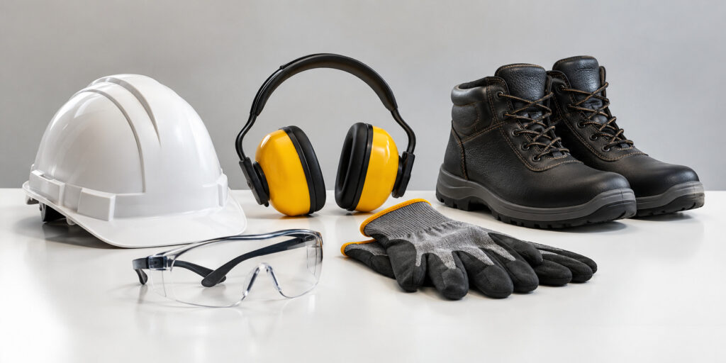 Conjunto de equipamentos de proteção individual — capacete, óculos, luvas, protetor auricular e botina — tipos de EPI