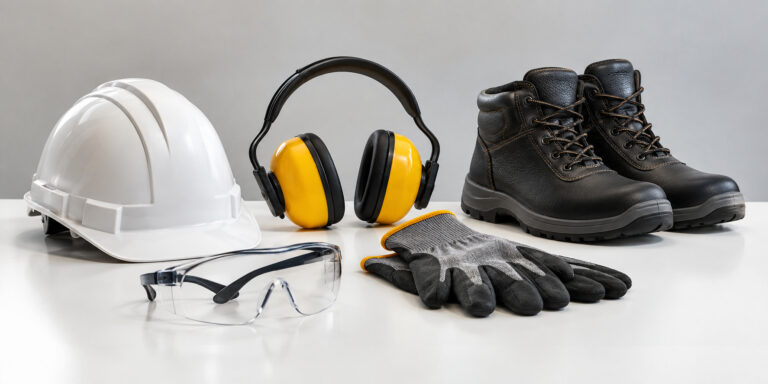 Conjunto de equipamentos de proteção individual — capacete, óculos, luvas, protetor auricular e botina — tipos de EPI