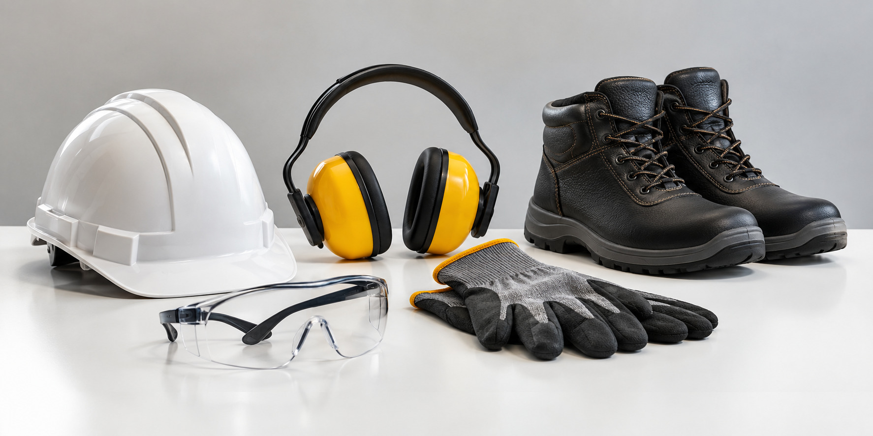 Conjunto de equipamentos de proteção individual — capacete, óculos, luvas, protetor auricular e botina — tipos de EPI