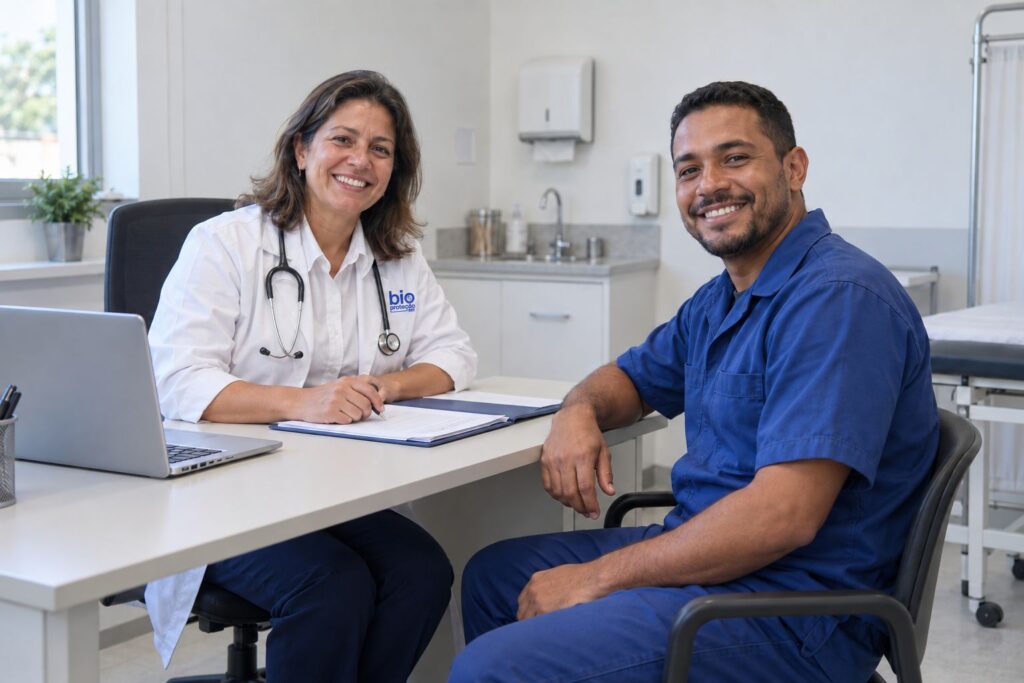 Médica do trabalho conduzindo consulta ocupacional em consultório — a medicina do trabalho que a Bioproteção presta em Aracaju