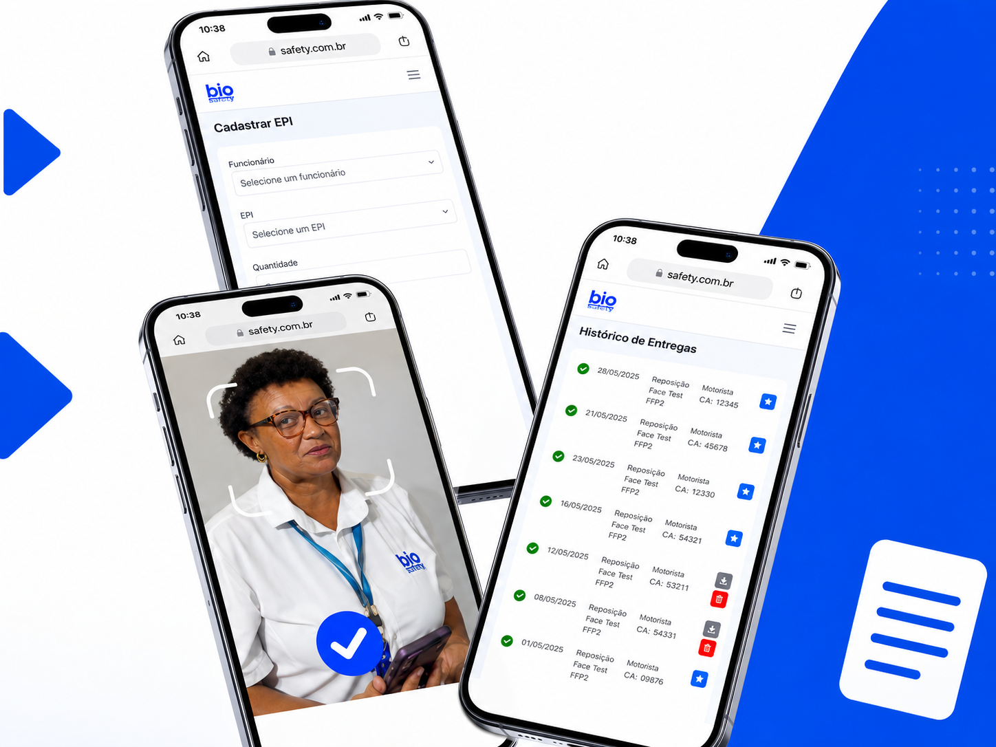 Telas do Módulo EPI Digital: cadastro de EPI, validação por reconhecimento facial e histórico de entregas