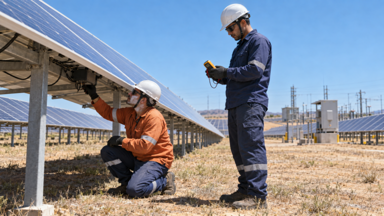 Técnicos com EPI inspecionando painéis em usina de energia solar sob sol forte — riscos de NR-10, NR-35 e calor