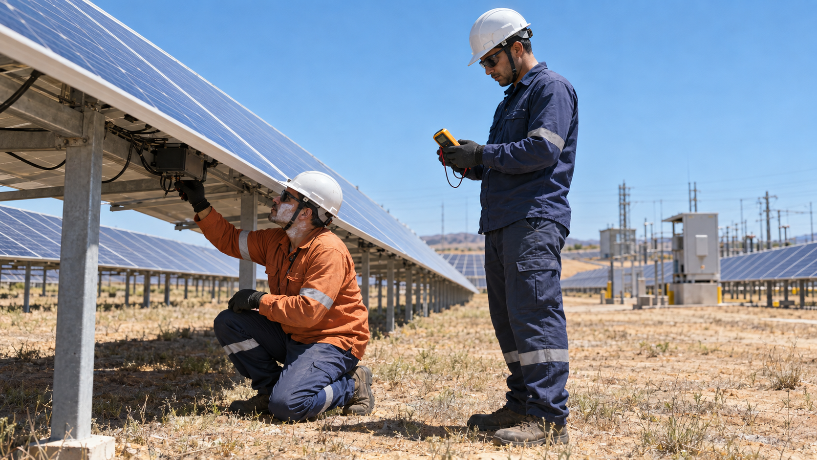 Técnicos com EPI inspecionando painéis em usina de energia solar sob sol forte — riscos de NR-10, NR-35 e calor