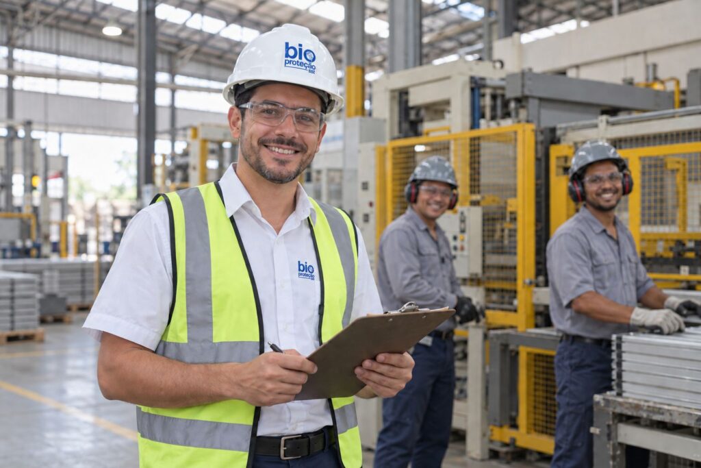 Técnico de segurança do trabalho com capacete e colete refletivo inspecionando um galpão industrial com prancheta em mãos